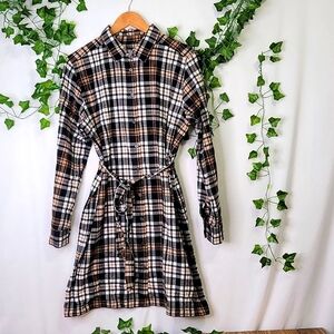 LOFT Plaid Shirt Dress - Black, White, Brown